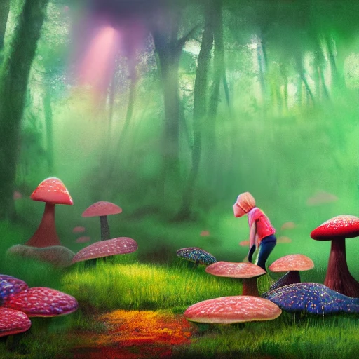 A girl picking up mushrooms from a forest of colorful mushrooms, afternoon, fantasy, acrylic, cinematic lighting, realism, sun rays.