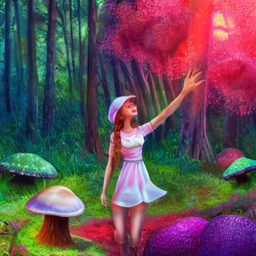 A girl picking up mushrooms from a forest of colorful mushrooms, afternoon, fantasy, acrylic, cinematic lighting, realism, sun rays. {{detailed girl}}, {{full body}}