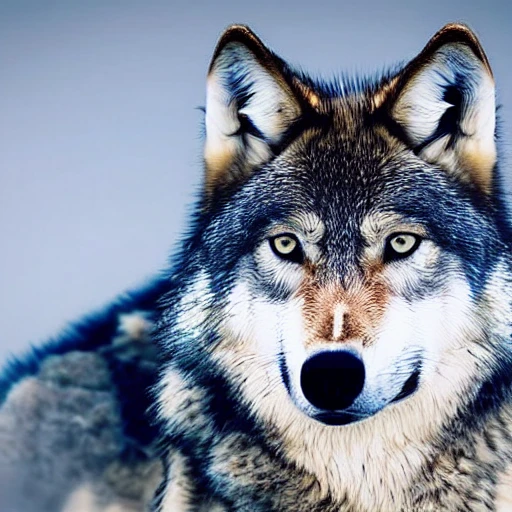 a grey wolf looking at the camera, {{blue eyes}}, ultra-realisti ...