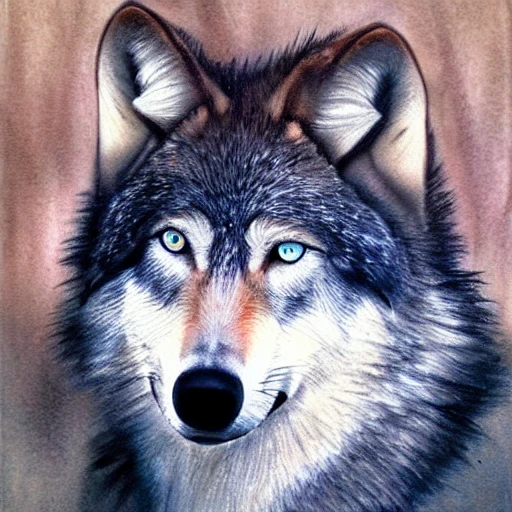 a grey wolf looking at the camera, {{blue eyes}}, realistic, Water Color