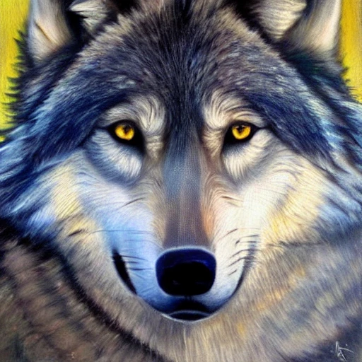 a grey wolf looking at the camera, {{blue eyes}}, realistic, , Oil Painting
