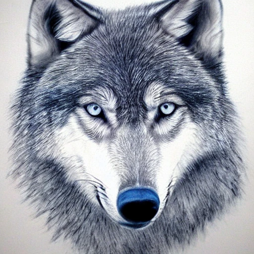 a grey wolf looking at the camera, {{blue eyes}}, realistic, Pencil Sketch