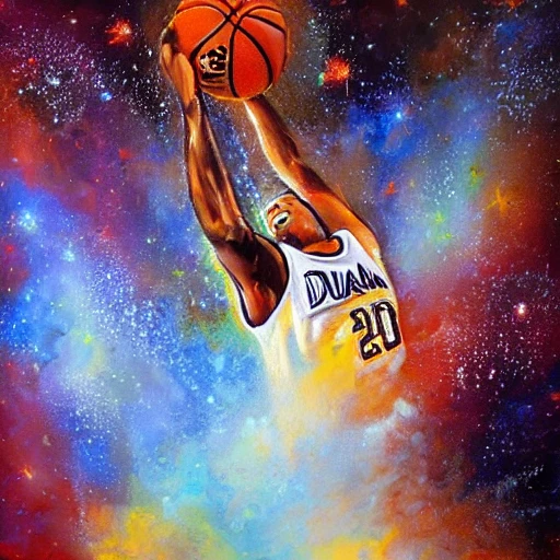 An expressive oil painting of a basketball player dunking, depicted as an explosion of a nebula