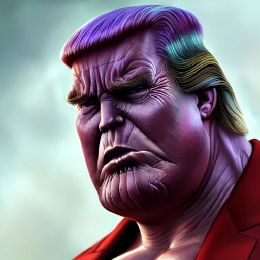 Hyper realistic portrait of [[Trump Thanos:0.9] |Thanos], Donald Trump hairstyle, big wet eyes, sad, grumpy, chubby figure, highly detailed, digital painting, artstation, 8 k, concept art, smooth, sharp focus, illustration, cinematic lighting, art by artgerm and greg rutkowski and alphonse mucha