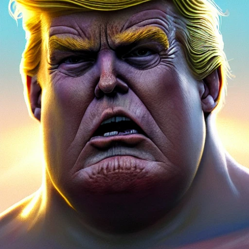 Hyper realistic portrait of [[Trump Thanos:0.9] |Thanos], Donald Trump hairstyle, big wet eyes, sad, grumpy, chubby figure, highly detailed, digital painting, artstation, 8 k, concept art, smooth, sharp focus, illustration, cinematic lighting, art by artgerm and greg rutkowski and alphonse mucha, backlight, 