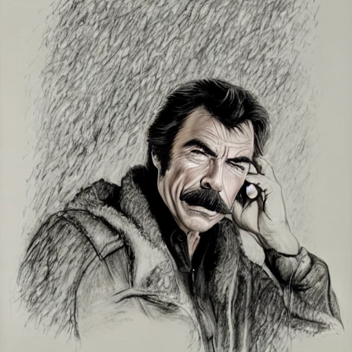 portrait of [Tom Selleck|Clint Eastwood|Dustin Hoffmann] sitting under a tree in a rainstorm, arms crossed, wet, highly detailed, unkempt hair, wearing raincoat and galoshes, high definition:1, ink drawing