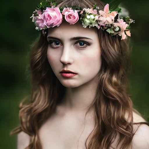 1girl, solo, pretty female, {{beautiful detailed face}}, bride, flower crown, beautiful detailed eyes, looking at viewer, full body, {{masterpiece}}, best quality, medium shot, ultra detailed, hd, 4k wallpaper, 80mm, f1.8, by John Collier