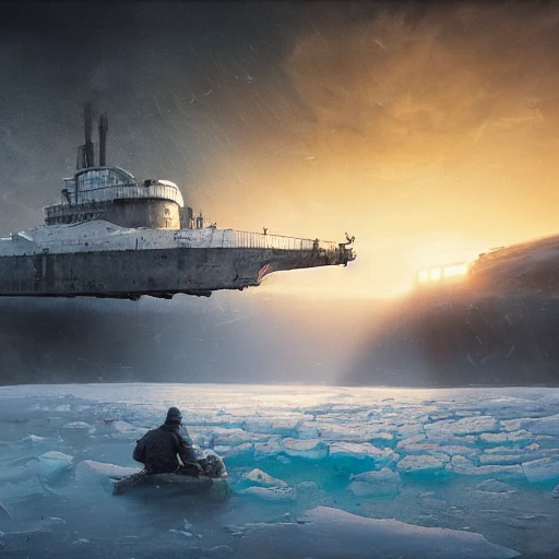 Masterpiece epic professional photo, photorealistic digital art of old nuclear submarine at the bottom of a frozen lake, painted Russian inscriptions, design by Ivan Aivazovsky Sacha Goldberger Storm Thorgerson:1.5, siberia background with nuclear plant, photorealism, detailed, volumetric lights, summer colors, blue sky, hyperdetailed, depth of field, octane render, best on artstation, cgsociety, Behance, pixiv, astonishing, impressive, outstanding, cinematic, much detail, much wow, masterpiece, Nikon Z9,  hasselblade award winner, snow