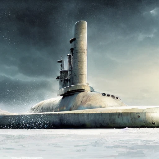 Masterpiece epic professional photo, photorealistic digital art of old nuclear submarine at the bottom of a frozen lake, painted Russian inscriptions, design by Ivan Aivazovsky Sacha Goldberger Storm Thorgerson:1.5, siberia background with nuclear plant, photorealism, detailed, volumetric lights, summer colors, blue sky, hyperdetailed, depth of field, octane render, best on artstation, cgsociety, Behance, pixiv, astonishing, impressive, outstanding, cinematic, much detail, much wow, masterpiece, Nikon Z9,  hasselblade award winner, snow, stormy day, apocalyptic