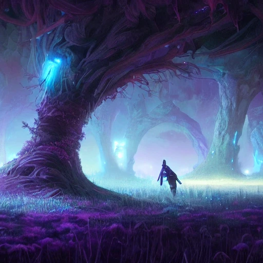 concept art painting of a fantasy alien fungal landscape at night, with glowing blue lights, glowing blue mushrooms, dark purple sky, realistic, detailed, cel shaded, in the style of makoto shinkai and greg rutkowski and albert bierstadt and james gurney