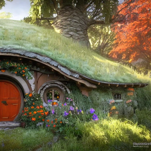 beautiful hobbit house,8k concept art by Greg Rutkowski dynamic lighting hyperdetailed intricately detailed Splash art trending on Artstation triadic colors Unreal Engine 5 volumetric lighting Alphonse Mucha WLOP Jordan Grimmer orange and teal wallpaper no watermark Nikon D850 highly detailed fantasy intricate cinematic lighting dynamic lighting high HD 3d render shadow depth epic ethereal LightWave 3D Cinema 4D, Oil Painting