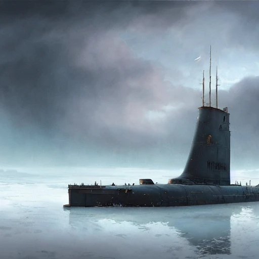 Masterpiece epic professional photo, photorealistic digital art of old nuclear submarine at the bottom of a frozen lake, painted Russian inscriptions, design by Ivan Aivazovsky Sacha Goldberger Storm Thorgerson:1.5, siberia background with nuclear plant, photorealism, detailed, volumetric lights, summer colors, blue sky, hyperdetailed, depth of field, octane render, best on artstation, cgsociety, Behance, pixiv, astonishing, impressive, outstanding, cinematic, much detail, much wow, masterpiece, Nikon Z9,  hasselblade award winner, snow