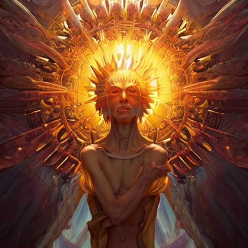 Hyper realistic photo of [[humanoid god of the sun] creating world, highly detailed, digital painting, artstation, 8 k, concept art, smooth, sharp focus, illustration, cinematic lighting, detailed environment, [extremity detailed face]  art by artgerm and greg rutkowski and alphonse mucha, Trippy, 3D