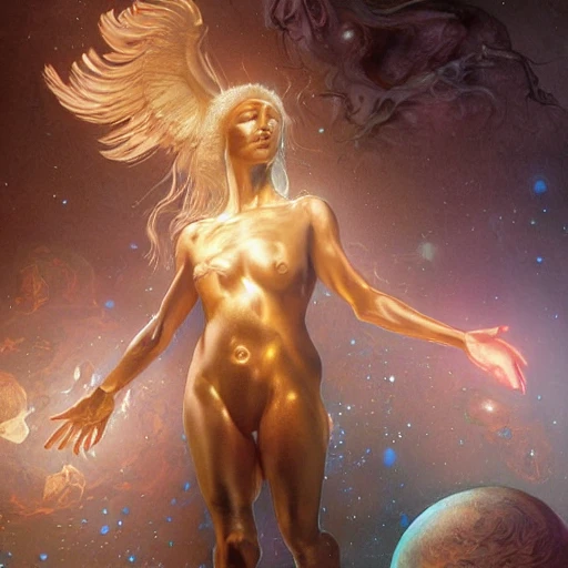 Hyper realistic photo of [[humanoid god of planets]] creating life, highly detailed, digital painting, artstation, 8 k, concept art, smooth, sharp focus, illustration, cinematic lighting, high octane render, detailed environment, [extremity detailed face] [perfect human face]  art by artgerm and greg rutkowski and alphonse mucha, Trippy, greek, Egyptian 