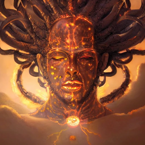 a big view of, Hyper realistic photo of [[humanoid god of sun] creating life, highly detailed, digital painting, artstation, 8 k, concept art, smooth, sharp focus, illustration, cinematic lighting, high octane render, detailed environment, [extremity detailed face] [perfect human face]  art by artgerm and greg rutkowski and alphonse mucha, Trippy, greek, Egyptian 