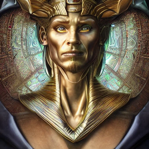 Hyper realistic photo of [[humanoid god of mischief] highly detailed, digital painting, artstation, 8 k, concept art, smooth, sharp focus, illustration, cinematic lighting, high octane render, detailed environment, [extremity detailed face] [perfect human face]  art by artgerm and greg rutkowski and alphonse mucha, Trippy, greek, Egyptian 