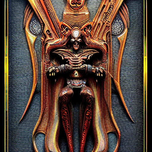 Evil God, art deco, Sad, Fear, Evil, very detailed, very realistic, Detailed and Intricate, Geometric, colorful, CGI, PBR, by Philippe Druillet