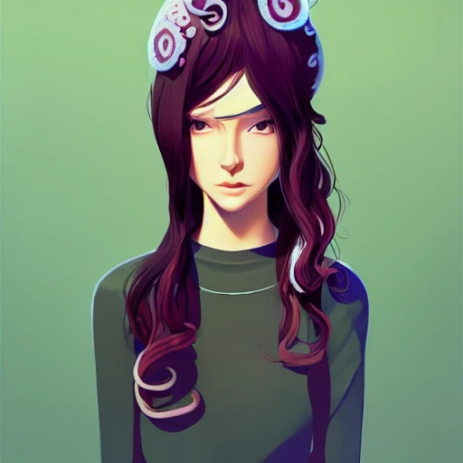 concept art about a beautiful character with octopus hair, really good looking face, normal human body, trendy clothes, full body shot, sharp focus, elegant, cartoon, anime, pure background colors, illustration, morandi color scheme, artstation, by ilya kuvshinov