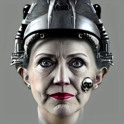 Hyper realistic portrait of [[(Hilary Clinton) (Borg drone):0.45]|Borg Drone::1.2], No hair bold head, pale gray technical skin, look like a Borg Drone, Star Trek Voyager, detailed face covers with borg implants, big  steampunk eyes, sad, grumpy, tall figure, highly detailed, digital painting, artstation, 8 k, concept art, smooth, sharp focus, illustration, cinematic lighting, art by artgerm and greg rutkowski and alphonse mucha and H.R. Giger, rim light