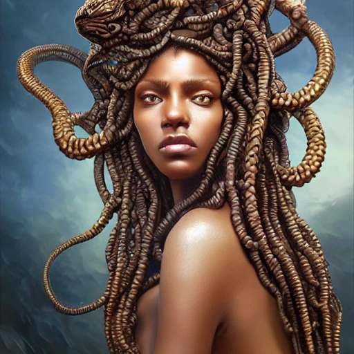 Hyper realistic photo of [[Medusa]] brown skin, highly detailed, digital painting, artstation, 8k, concept art, smooth, sharp focus, illustration, cinematic lighting, high octane render, detailed environment, [extremity detailed face] [perfect human face]  art by artgerm and greg rutkowski and alphonse mucha, Trippy, greek, high key lighting,  highly detailed, fine detail, intricate, award - winning, fantasy, 3D, 