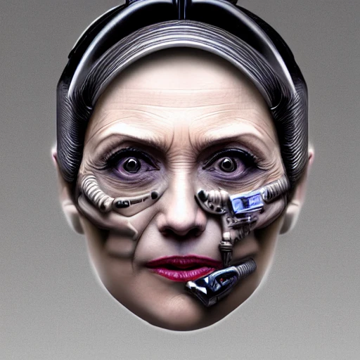 Hyper realistic photo of [[(Hilary Clinton) (Borg Drone):0.45]|Borg Drone::0.2] has no hair with bold head, pale gray technical skin, [face equipped with technical implants], big steampunk eyes, highly detailed, digital painting, artstation, 8k, concept art, smooth, sharp focus, illustration, style like star trek, cinematic lighting, high octane render, detailed environment, [extremity detailed face] [perfect human face], art by artgerm and greg rutkowski and alphonse mucha and H.R. Gieger, high key lighting,  highly detailed, fine detail, intricate, award - winning, science fiction