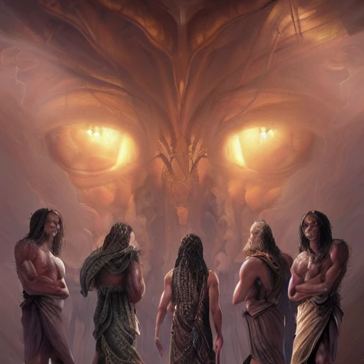 a view of, Hyper realistic photo of [gods], having a meeting, brown skin, highly detailed, digital painting, artstation, 8k, concept art, smooth, sharp focus, illustration, cinematic lighting, high octane render, detailed environment, [extremity detailed face], [perfect human face], art by art by artgerm and greg rutkowski and alphonse mucha, Trippy, greek, high key lighting,  highly detailed, fine detail, intricate, award - winning, fantasy, 3D, 