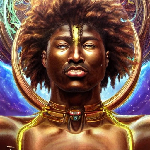 a view of, Hyper realistic photo of [humanoid god of cosmic power] brown skin, highly detailed, digital painting, artstation, 8k, concept art, smooth, sharp focus, illustration, cinematic lighting, high octane render, detailed environment, [extremity detailed face], [perfect human face], art by artgerm and alphonse mucha and Philippe Druillet, Trippy, greek, high key lighting,  highly detailed, fine detail, intricate, award - winning, fantasy, 3D, 