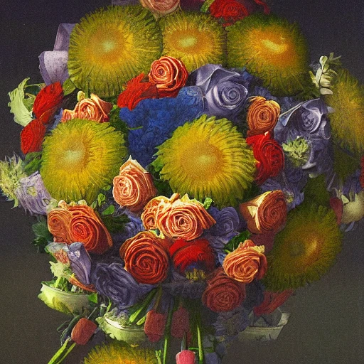 Top down view of a Bouquet full of edelweisses, darkend background, vivid, high detail, by Casper david Friedrich