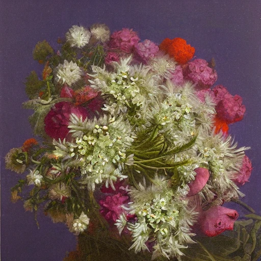 Top down view of a Bouquet full of edelweiss, darkend background, vivid, high detail, by Casper david Friedrich