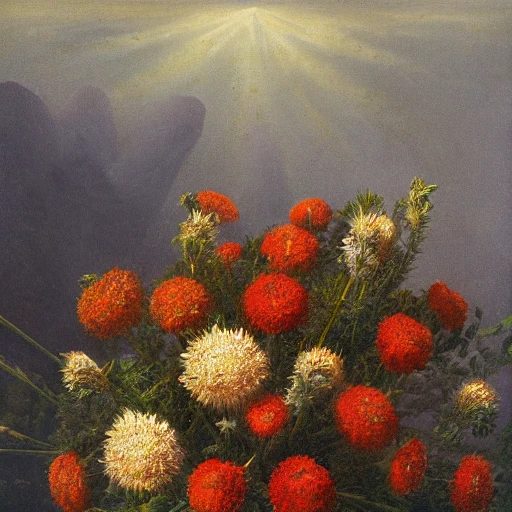 Top down view of a Bouquet full of edelweiss, darkend background, vivid, high detail, by Casper david Friedrich