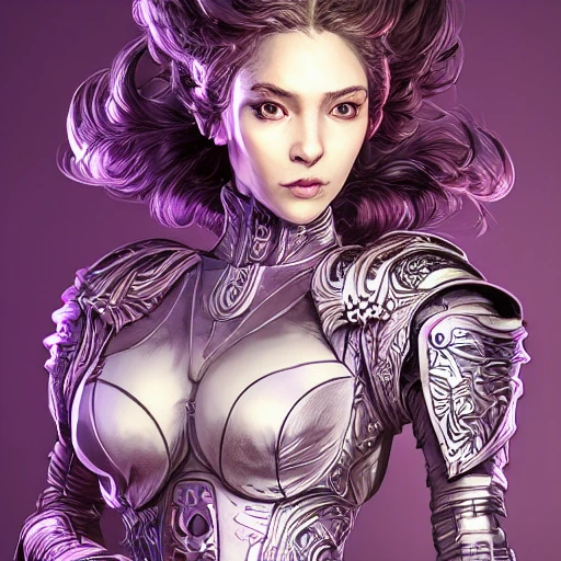 portrait of a beautiful woman in smooth purple sci - fi armor, elegant, perfect face, intense, an ultrafine hyperdetailed illustration by kim jung gi, irakli nadar, intricate linework, sharp focus, bright colors, octopath traveler, final fantasy, unreal engine 5, global illumination, radiant light