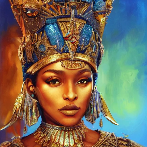 very detailed Hyper realistic painting of [queen Sheba] highly detailed, digital painting, artstation, 8k, concept art, smooth, sharp focus, illustration, cinematic lighting, high octane render, detailed environment, [extremity detailed face], [perfect human face], art by art by art-germ and greg rutkowski and Philippe Druillet and alphonse mucha, Trippy, high key lighting, highly detailed, fine detail, intricate, award - winning, fantasy, 3D,