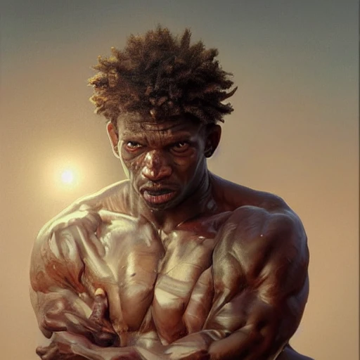 very detailed Hyper realistic painting of [man getting super strength], brown skin, highly detailed, digital painting, artstation, 8k, concept art, smooth, sharp focus, illustration, cinematic lighting, high octane render, detailed environment, [extremity detailed face], [perfect human face], art by art-germ and greg rutkowski and alphonse mucha, Trippy, high key lighting, highly detailed, fine detail, intricate, award - winning, fantasy, 3D,