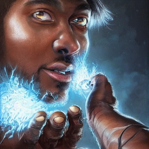 very detailed Hyper realistic painting of [man getting ice powers], brown skin, highly detailed, digital painting, artstation, 8k, concept art, smooth, sharp focus, illustration, cinematic lighting, high octane render, detailed environment, [extremity detailed face], [perfect human face],  art by Ivan Laliashvili and tomasz alen kopera and justin, high key lighting, highly detailed, fine detail, intricate, award - winning, fantasy, 3D,