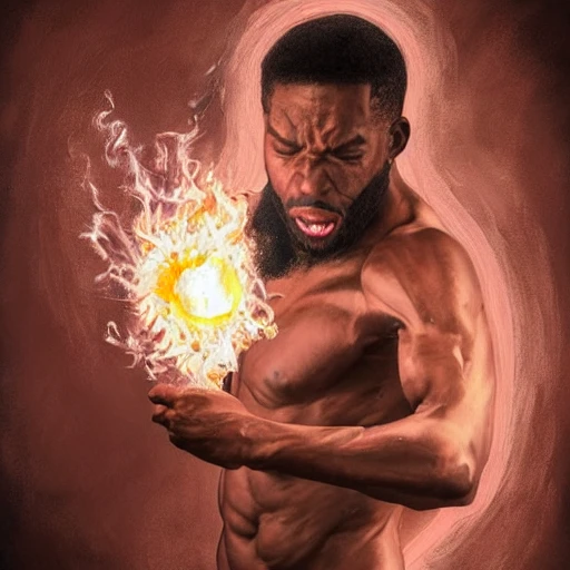 very detailed Hyper realistic painting of [man getting fire powers], brown skin, highly detailed, digital painting, artstation, 8k, concept art, smooth, sharp focus, illustration, cinematic lighting, high octane render, detailed environment, [extremity detailed face], [perfect human face], art by Travis Goldmann-Couch high key lighting, highly detailed, fine detail, intricate, award - winning, fantasy, 3D,