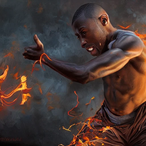 very detailed Hyper realistic painting of [man getting fire powers], brown skin, highly detailed, digital painting, artstation, 8k, concept art, smooth, sharp focus, illustration, cinematic lighting, high octane render, detailed environment, [extremity detailed face], [perfect human face], art by Travis Goldmann-Couch high key lighting, highly detailed, fine detail, intricate, award - winning, fantasy, 3D,