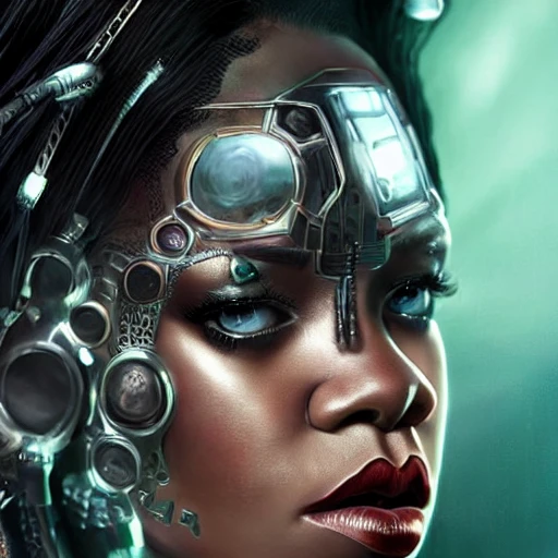 very detailed Hyper realistic photo of [Rihanna as cyborg] queen highly detailed, digital painting, artstation, 8k, concept art, smooth, sharp focus, illustration, cinematic lighting, high octane render, detailed environment, [extremity detailed face], [perfect human face], art by Travis Goldmann-Couch and Ivan Laliashvili and tomasz alen kopera and justin, high key lighting, highly detailed, fine detail, intricate, award - winning, fantasy, 3D,