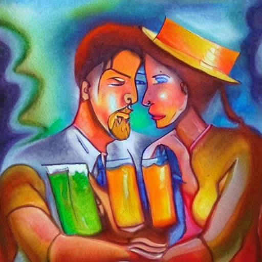 A man and woman drinking beer, Trippy, Oil Painting, Water Color