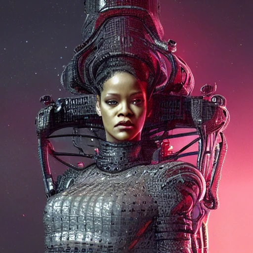 very detailed Hyper realistic photo of [Rihanna as (borg drone):0.3]|borg drone::1.2], ] queen, sitting on throne, highly detailed, digital painting, artstation, 8k, concept art, smooth, sharp focus, illustration, cinematic lighting, high octane render, detailed environment, [extremity detailed face], [perfect human face], art by artgerm and greg rutkowski and H.R. Giger high key lighting, highly detailed, fine detail, intricate, award - winning, fantasy, 3D,