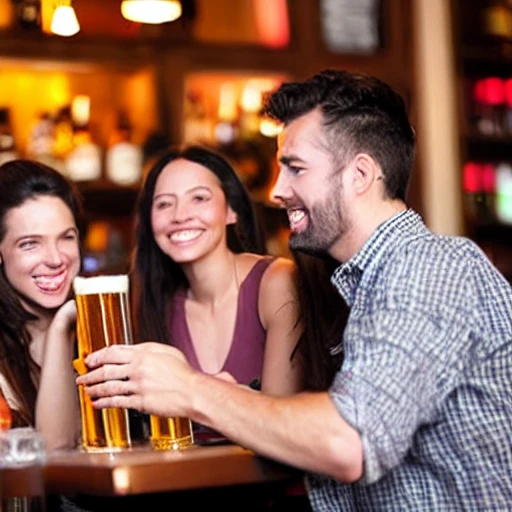 Friends drinking beer in a bar.
