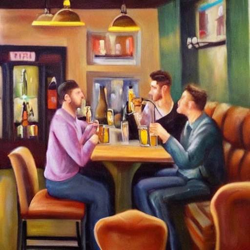 Friends drinking beer in a bar.
, Oil Painting