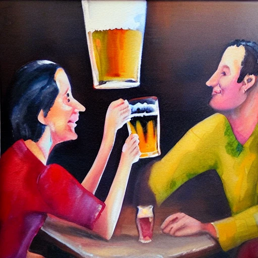 Friends drinking beer in a bar.
, Oil Painting, Water Color