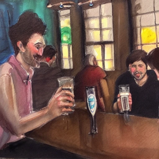 Friends drinking beer in a bar.
, Oil Painting, Water Color, Pencil Sketch