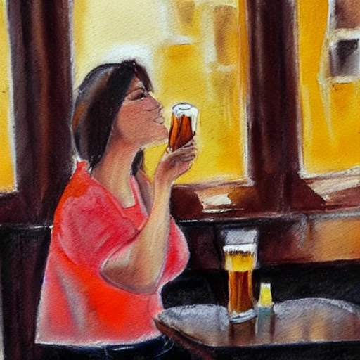 Woman drinking beer in a bar.
, Oil Painting, Water Color, Pencil Sketch, Oil Painting