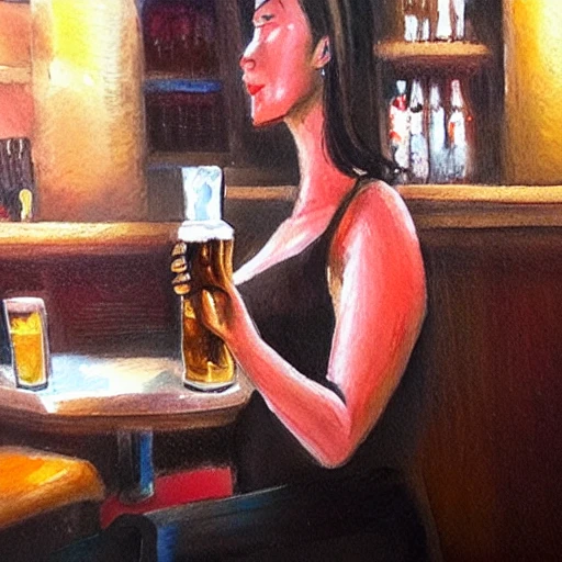 Woman drinking beer in a bar.
, Oil Painting, Water Color, Pencil Sketch, Oil Painting, 3D