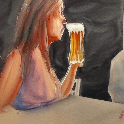 Woman drinking beer in a bar.
, Oil Painting, Water Color, Pencil Sketch, Oil Painting, 3D, Water Color