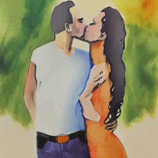 man kiss to WOMAN IN THE PARK, Oil Painting, Water Color