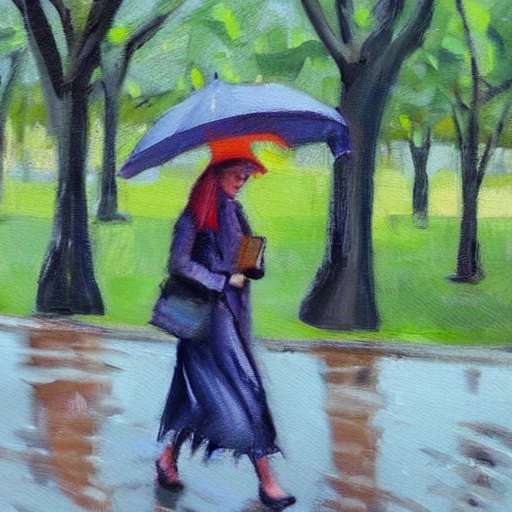 woman under rain in the park, Oil Painting