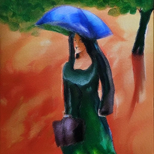 woman under rain in the park, Oil Painting, Water Color