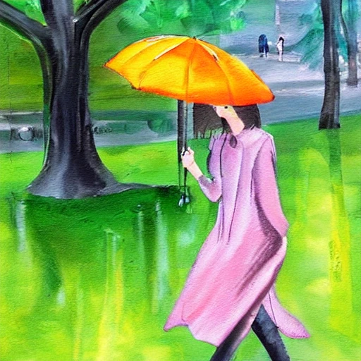 woman under rain in the park, Oil Painting, Water Color, Cartoon - Arthub.ai